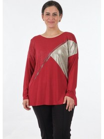Resim Twomail Yuvarlak Yaka Büyük Beden Uzun Kollu Kırmızı Kadın Bluz M 001 