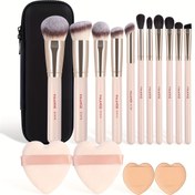 Resim MAANGE 11 adet Makyaj Fırçası + 4 adet Kalp Şeklinde Hava Yastığı Puf + Makyaj Çantası Seti Başlangıçlar İçin, Günlük Seyahat, Partiler ve Kadınlar İçin Uygun Taşınabilir Makyaj Araçları 