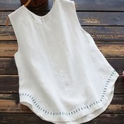 Resim Kadınlar için Günlük Kolsuz Yuvarlak Yaka Tank Top - Mavi Nakış Detaylı Beyaz, Nefes Alabilen Esnemez Kumaş, Makinede Yıkanabilir İlkbahar/Yaz Giyimi, Dekoratif Nakış, Şeffaf Olmayan Kumaş 