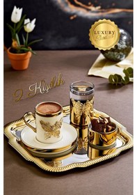 Resim Grimorlife 2 Kişilik Tepsili Gold Porselen Kelebek Detaylı Fincan Sunum Seti-söz Nişan Kahve Fincanı Gold 