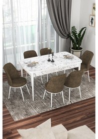 Resim Canisa Concept Kor Serisi 70x114 Açılabilir Mutfak Masası Takımı Beyaz Mermer Desen Masa 6 Kahverengi Sandalye Masa Beyaz Mermer Desen Sandalyeler Kahverengi 
