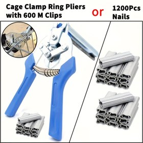 Resim 1200 Çivi/Set Çok Amaçlı Kelepçe Seti, Ağır Hizmet Tipi Kelepçe Seti, Kafes Kelepçesi Hayvan Kafesi Pense M-Tipi Çivi Tabancası ile - Çok Amaçlı Hayvan Kafesi Kiti, 600 Klips Dahil Çit, Döşeme ve Tel Kafesi Kurulumu için 