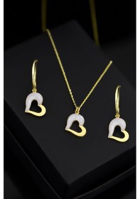 Resim Papatya Silver 925 Ayar Gümüş Gold Kaplama Sedef Mineli Kalp Kolye ve Küpe Kadın Set UVPTS600004 