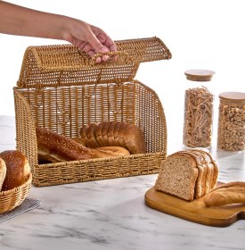Resim Doğal Rattan Ekmek Kutusu - Kapaklı Mutfak Düzenleyici Ekmeklik Açık Kahverengi 