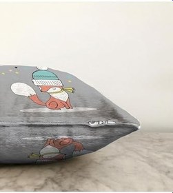Resim RealHomes Çift Taraflı Gri Zeminde Sevimli Tilki Desenli Bebek Odası Raşel Örme Yastık Kırlent Kılıfı, Sonil-K4437-43x43cm 