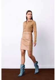 Resim Sateen Şardonlu Deri Etek - Camel-135486 CAMEL 