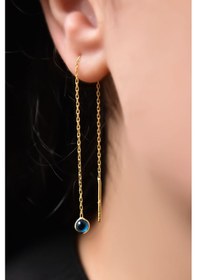 Resim Papatya Silver 925 Ayar Gümüş Gold Kaplama Cam Göz Zincir Küpe 