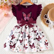 Resim Kelebek Baskılı, Fırfırlı Yaka ve Kemerli Şık Kızlar İçin Yazlık Kolsuz Elbise - Diz Boyu, Polyester Karışımı, Bordo & Beyaz Tasarım, Partiler & Günlük Kullanım İçin Mükemmel, Kızlar İçin Elbiseler 