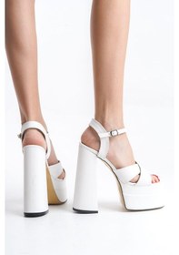 Resim Preshley Kadın Elina Beyaz Cilt Çapraz Bantlı 15 Cm Platform Topuklu Ayakkabı Beyaz 
