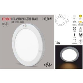 Resim Cata Ct-9247 18W Led Panel Armatür Sensörlü Lamba Sıva Üstü Beyaz 