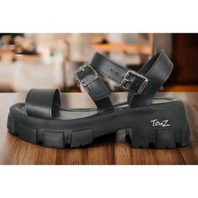 Resim Touz Kalın Tabanlı Çift Tokalı Kadın Siyah Sandalet 