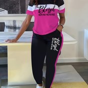 Resim Kadınlar İçin Büyük Beden İki Parçalı Takım - Günlük Renk Bloklu "Blessed" Grafikli Tişört & Cepli Pantolon, Esnek Polyester Karışımı, Makinede Yıkanabilir, Günlük Konfor Kıyafeti|Renk Blok Tasarımı|Elastan Konfor Esnekliği 