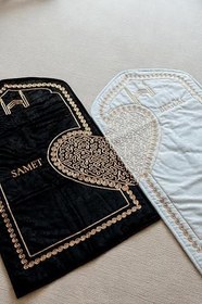 Resim Kişiye Özel İsimli Eşli Çift Seccadesi Kadife Çeyizlik Kalpli Seccade Bohçalık Hediyelik Set 