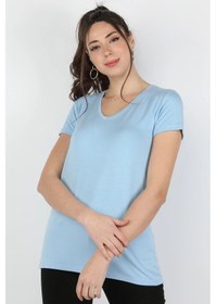 Resim Kadın Viskon Kısa Kollu Tişört Açık Mavi 