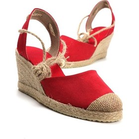 Resim Star Tombis Gerçek Elişi Topuğu Açık Bilekten Bağlamalı Bej Dolgu Topuk Keten Hasır Espadril Handmade Kırmızı 