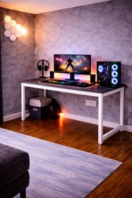 Resim Flinder Siyah/Beyaz Renk Oyuncu Masası 60x120 Cm, Bilgisayar Masası, Gamer Masası, Gaming Masa, Metal Ayaklı 