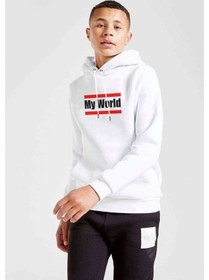 Resim Tshirthane My World Baskılı Unisex Çocuk Kapüşonlu Beyaz Sweatshirt Beyaz 