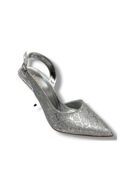 Resim Mengi 685-26 Parlak Simli Saten İnce Topuk Arkası Açık Kadın Stiletto 9cm GÜMÜŞ 