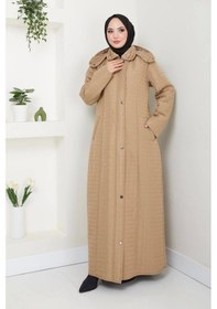 Resim İçi Kürklü Tam Boy Kaban Mont - Bej / M0102 Bej 