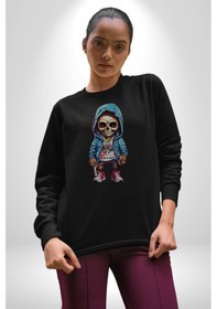 Resim Hiphop Kurukafa Hoodie Unisex Siyah Baskılı Sweatshirt Siyah 