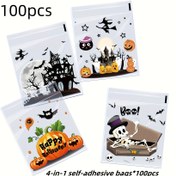 Resim 100'lük Halloween 4'ü 1 arada Kendinden Yapışkan Hediye Çantaları - Kafatası, Kabak ve Yılan Tasarımı, Dayanıklı Plastik Tekrar Kullanılabilir Çantalar, Parti Hediyeleri ve Korkunç Dekorasyonlar için, Hafif Malzeme, Etkinlik Planlaması, Mücevher ve Hediye Depolama için Temel, Noel ve Tatil Hediye Çantaları olarak Uygun 