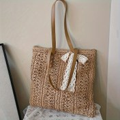 Resim Kadınlar için Şık Boho Hasır Tote Çanta - Büyük Kapasiteli, Yazlık Plaj Omuz Çantası Fermuarlı, Polyester Astarlı, Haki/Fildişi 