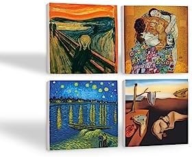 Resim Dalí Belleğin Azmi, Van Gogh Ren Nehri’nde Bir Gece, Çığlık, Klimt Aile Kucaklama Taş Bardak Altlığı Seti - 4 Parça - Dekoratif, Rustik, 10x10 cm, Kaydırmaz Tabanlı SC546 