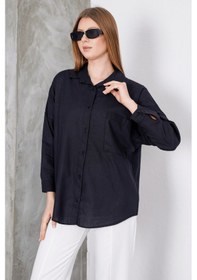 Resim Paw Garage Kadın London Keten Tek Cepli Oversize Gömlek, Premium Kalite Keten Gömlek Siyah 