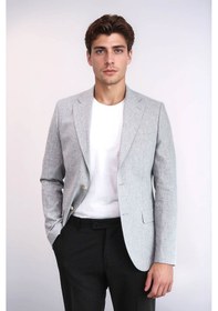 Resim Gri Keten Dokulu Gold Renk Metal Düğmeli Slim Fit Erkek Blazer Ceket - Wessi Grey 