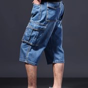 Resim Erkekler için Yazlık Denim Şortlar - Orta Bel Gevşek Kesim, Çok Cepli, Yıkanmış Rahat Sokak Giyimi Urban Moda Şortları Sıcak Hava İçin, Düz Renk Tasarım, Dayanıklı Kumaş 