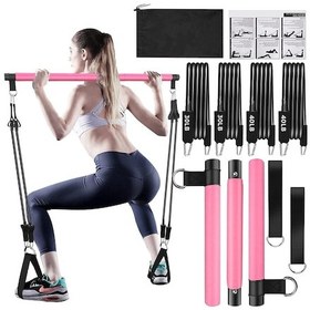 Resim Valkyrie 4 Lastikli 1. Kalite Pilates Bar Egzersiz Çubuğu Ayarlanabilir Zorluk Evde Spor Squat Kademeli Çantalı Kolay Kurulum Pembe 