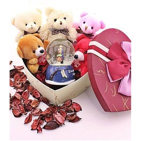 Resim Sevgiliye Eşe Sürpriz Kalp Hediye Kutusu İçinde Sevgililer Kar Küresi & 5 Adet Yavru Ayıcık Seti STRGLBL75 