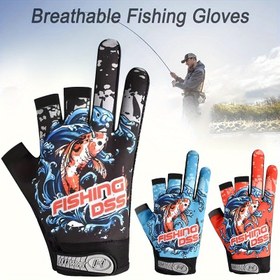 Resim Nefes alabilen, 3 parmak ucu açık, dayanıklı polyester malzemeden yapılmış, unisex yetişkin, elde yıkama, dokuma, tokalı kapatma, açık hava aktiviteleri için ideal - 1 çift paket halinde balık tutma eldivenleri. 