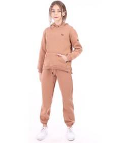Resim Kız Çocuk Oversize Kapüşonlu Cepli Nakış Baskılı Yırtmaçlı Sweatshirt - 3 İplik Şardonlu Kahverengi 