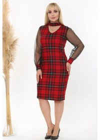 Resim Kadın Kırmızı Siyah Ekose Desen Yaka Detay Tül Kol Büyük Beden Esnek Süet Elbise Kırmızı 