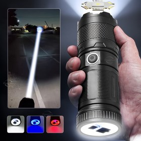 Resim Yüksek Güç ABS El Feneri 30W LED El Feneri Dahili Batarya Tip-C Şarj Taktik Torch Çok Fonksiyonlu Acil Lambası Plastik Malzeme Teleskopik Yakınlaştırma ile Kuyruk COB Sel Feneri Çoklu Aydınlatma Modları Torch 