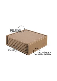 Resim Bardak Altlığı,6 Lı Set,masaüstü Kare Cup Coaster,vegan Suni Deri,11x11 Cm.,vizon 
