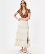 Resim Koton Keten Karışımlı Uzun Etek Fırfırlı Katmanlı Rahat Kalıp Kırık Beyaz 4sak70204ew Ekru 