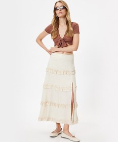 Resim Koton Keten Karışımlı Uzun Etek Fırfırlı Katmanlı Rahat Kalıp Kırık Beyaz 4sak70204ew Ekru 