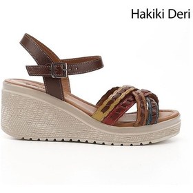 Resim Gönderi R Kahveye Sarı Bilek Bağlı Dolgu Topuk Hakiki Deri Sandalet Kahve 