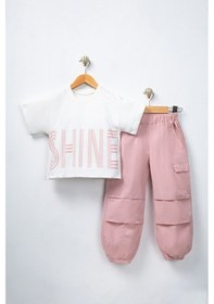 Resim Aden Kids Somon Renk Oversize Kız Çocuk Pamuk Keten Pantalonlu Alt Üst Takım Ekru - Somon 