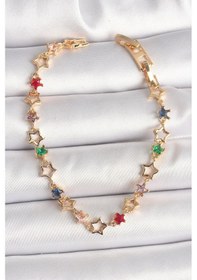 Resim Pirinç Gold Renk Renkli Zirkon Taşlı Yıldız Model Kadın Bileklik Çok Renkli 