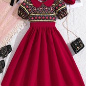 Resim Kızlar için Rahat Geometrik Baskılı Elbise - Canlı Kırmızı Renkli, İnci Çiçek Desenleri, Polyester, Esnek Olmayan Kumaş, Yaz Gezileri ve Rahat Giyim için Mükemmel, Yazlık Kıyafet | Canlı Kırmızı Elbise | Dokuma Yapı 