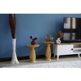 Resim 2'li Oval Çizgili Vernikli Yan Sehpa Kahverengi 