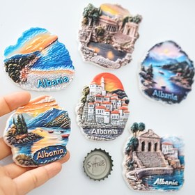 Resim 1 adet Arnavutluk Manzara Güneş Batışı Buzdolabı Mıknatısı - Sekizgen Melamin, Arnavutluk'un İkonik Turistik Attractionlarını vurgulayan Canlı Manzara Tasarımı, Ev Dekoru ve Hediye için Mükemmel, Plaj Temalı Dekor|Tarihsel Motif|Dayanıklı Mıknatıs 