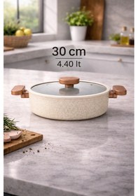 Resim Valeria 30 Cm Granit Basık Tencere Silikon Kenarlı Cam Kapaklı 4.40 Lt Kahverengi 