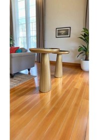 Resim Doğal Ahşap Mantar Sehpa 2 Li Takım Altın Varak Rek Yan Sehpa Seti Altın 