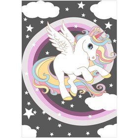 Resim Dijital Baskılı Gri Unicorn Desenli Dekoratif Yıkanabilir Kaymaz Taban Çocuk Halısı Çok Renkli 