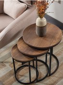 Resim 3' Lü Koyu Ceviz Ahşap Siyah Ayak Metal Sehpa 