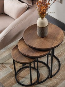 Resim 3' Lü Koyu Ceviz Ahşap Siyah Ayak Metal Sehpa 